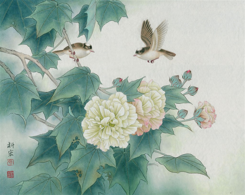 花间双雀芙蓉国画 第1页